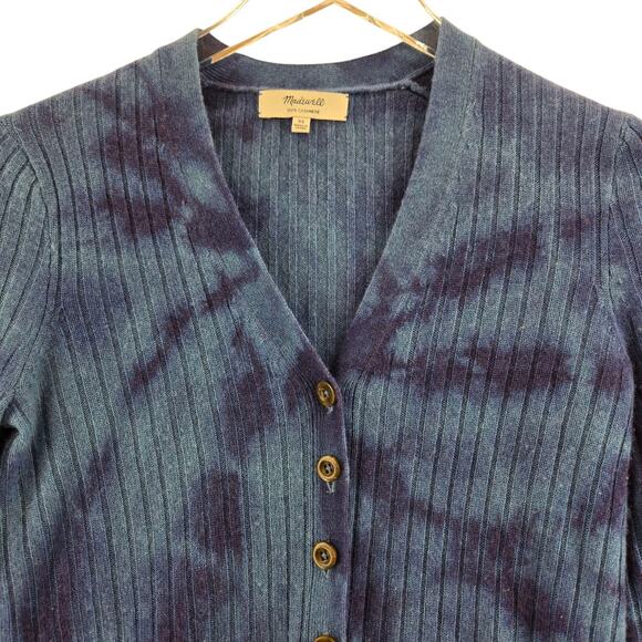 Madewell 100% Cashmere Cardigan Sweater Womens XS Blue Tie Dye Ribbed Knit Boho - Picture 4 of 10